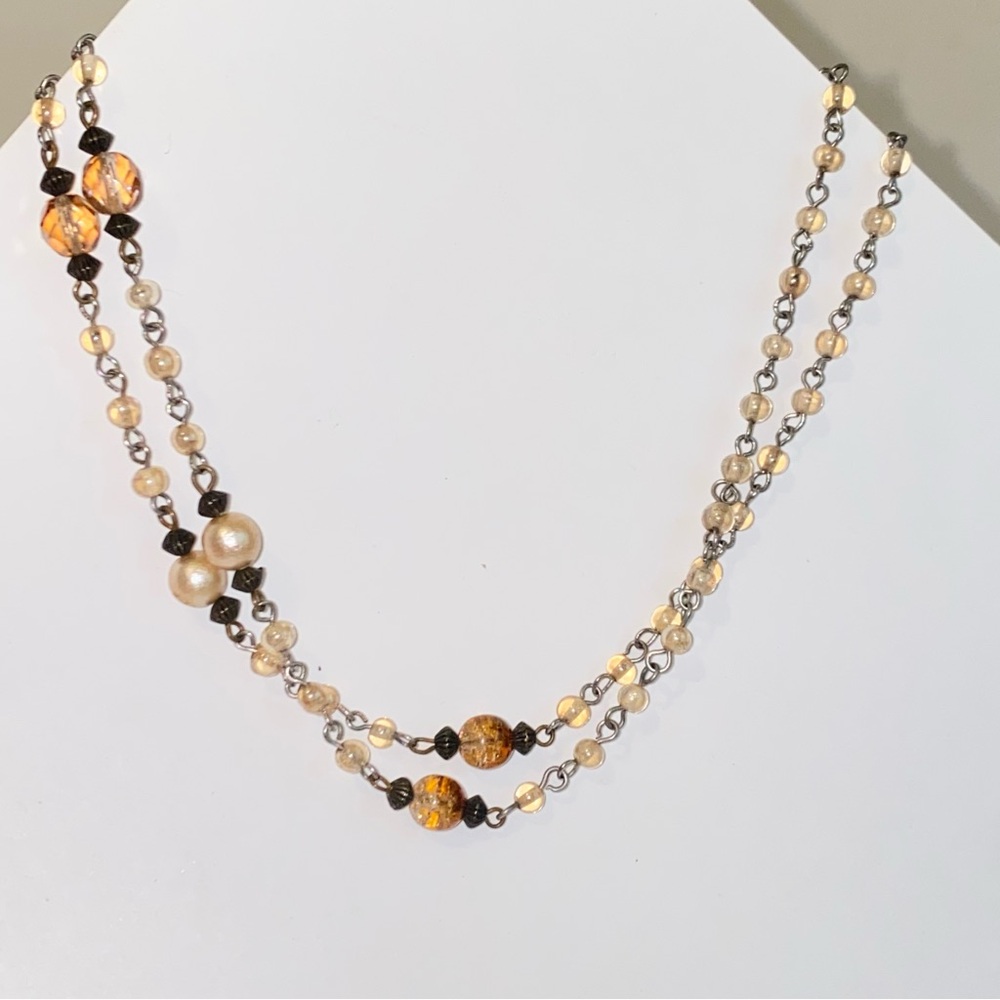 Treska Double Strand Champagne Faux Pearl Glass & Crystal Beaded Choker Necklace